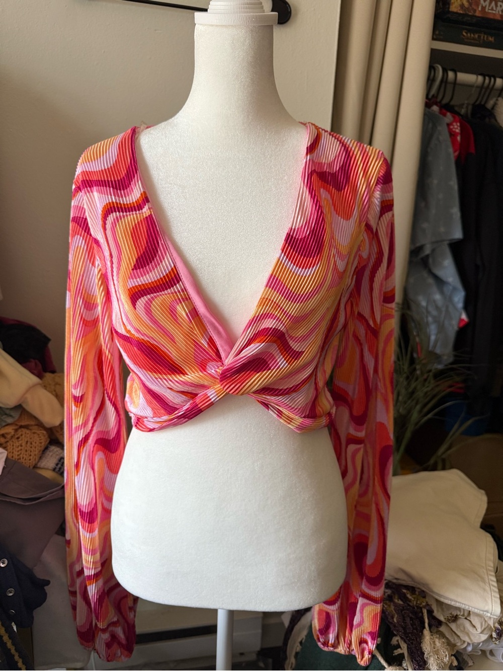 Windsor Pink & Orange Twist-Front Long Sleeve Crop Top